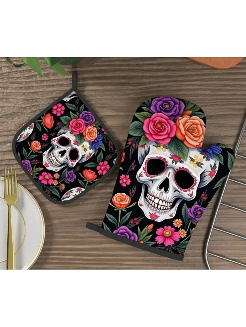 New - 2pcs Floral Skull - Oven Mitts and Pot Holders Set